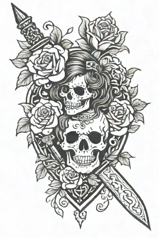 Skull Girl Flowers Dagger In The Heart
