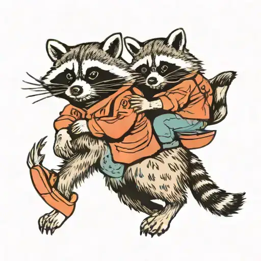 Dad Racoon Piggy Back Riding Her Racoon Daughter
