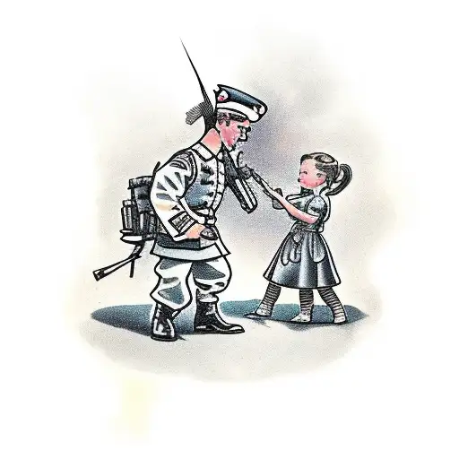 Soldier Giving Flower To Little Girl With Other Soldier Covering Him