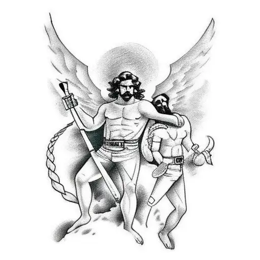 Design Me A Tattoo Of A Greek God And A Cowboy Standing Back To Back