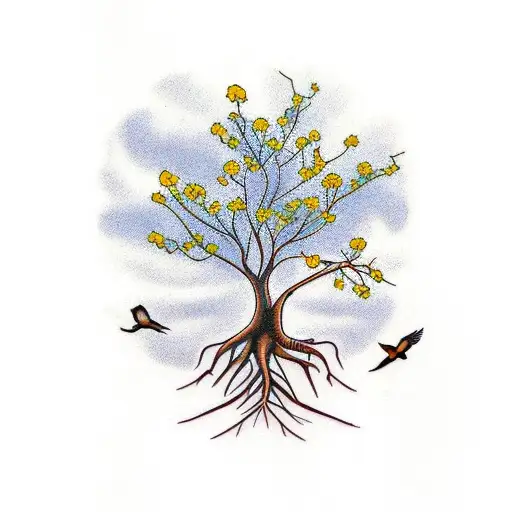 Mustard Tree With Roots And Birds