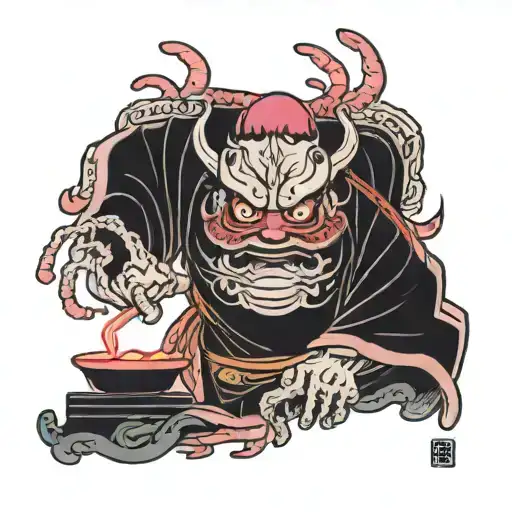 A Traditional Japanese Yokai With A Pink And Red Color Palette