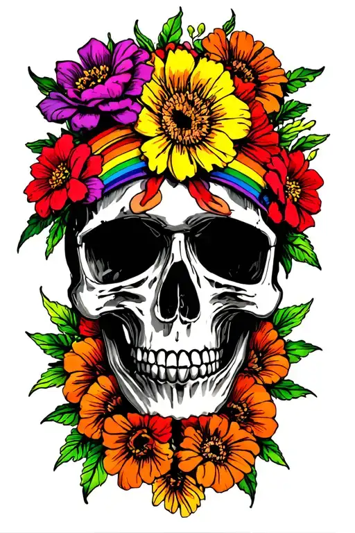 Flowers Skull And Rainbow