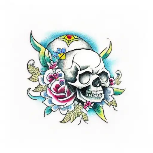 A Traditional-style Tattoo Of A Skull Adorned With Vibrant Flowers And Intricate Patterns
