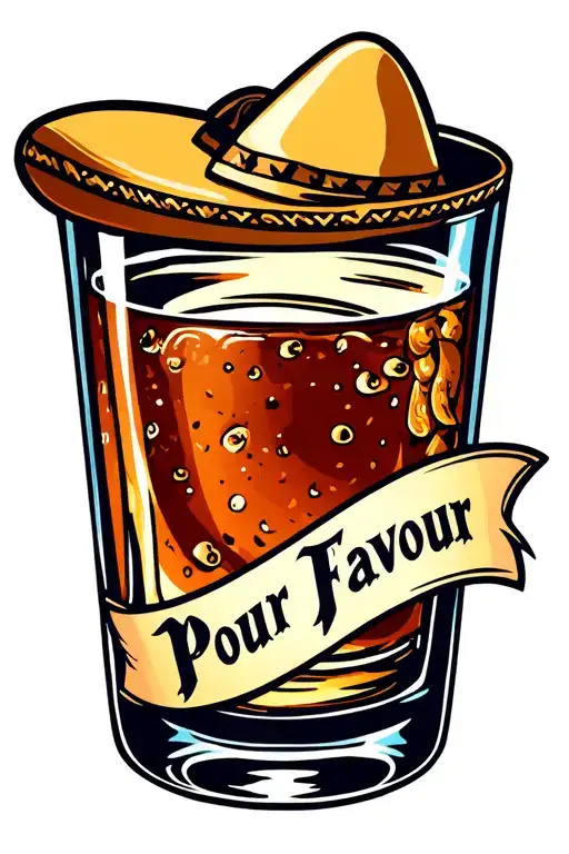 Shot Glass With Sombrero Tilted Off The Side With Pour Favor In Gothic Lettering Under It