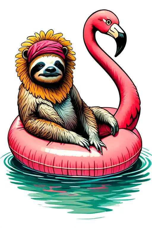 Sloth Sitting In A Flamingo Floaty While Wearing A Lions Mane Hat