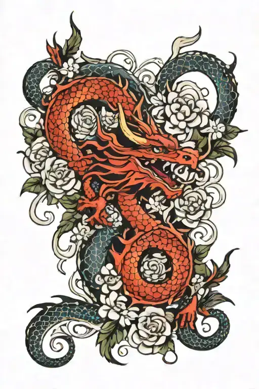 Flowers Going Down The Back With A Red Dragon Wrapped Around It Going Down