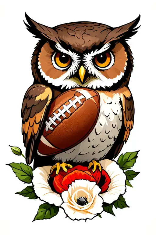 Owl With A Football And Poppy And White Rose Surrounded