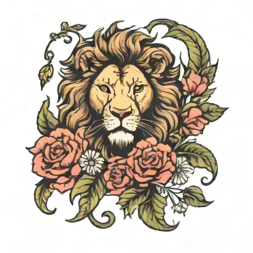 Lion Surrounded By Carnation Flowers