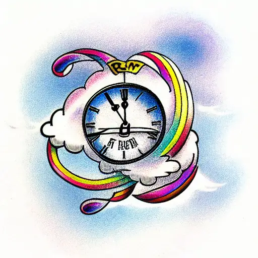 Rainbow Between Two Clouds With A Clock In The Background