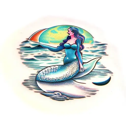 Mermaid Sits On A Stone And Looks At The Moon