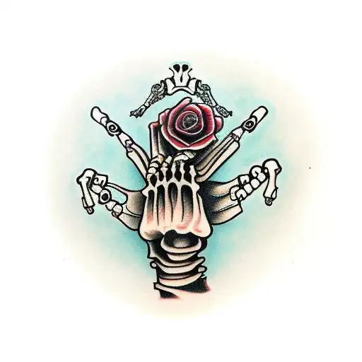 Skeleton Hands Holding A Piston With Roses Around It