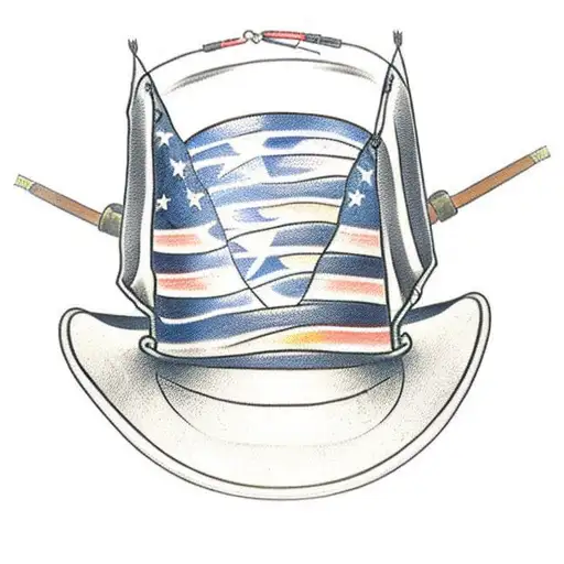 A Traditional Tattoo Of An American Flag With A Cowboy Hat And Fishing Gear