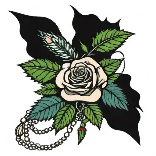 Rose With Wings That Has Marijuana Leaves Poking Out From Behind And A String Of Rosary Beads