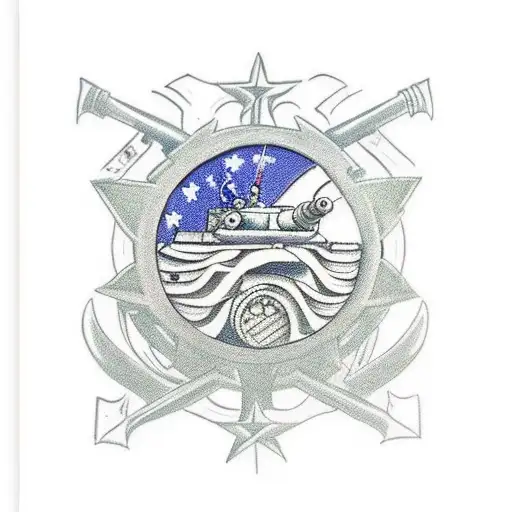 A Traditional Tattoo Of A Military Tank Surrounded By Helping Hands