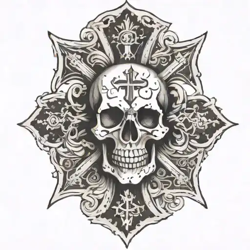 3 Skulls Infront Of A Complex Christian Cross