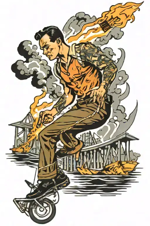 Bridge Burning With A Guy Dragging A Torch