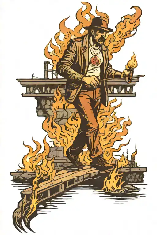 Bridge Burning With A Guy With A Torch Stood Infront