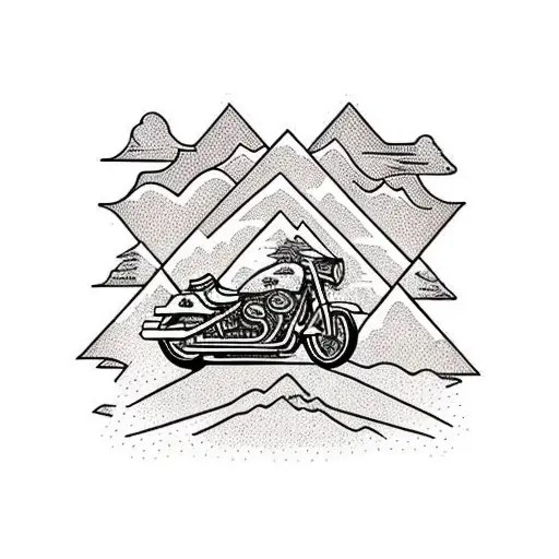 Motorcycle With Mountains And Sunset