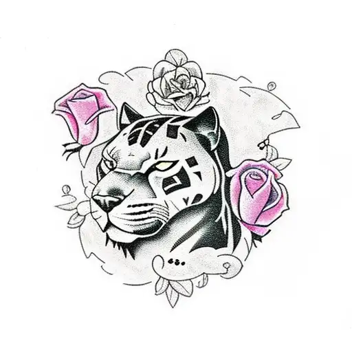 American Traditional Black Panther With Flowers Inside