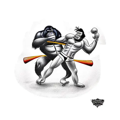 A Traditional Style Tattoo Of A Wrestling Match Between A Gorilla And A Chef