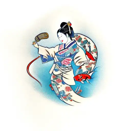 Traditional Japanese Geisha Holding A Koi Fish
