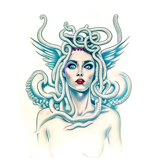 Medusa Sadly Looking Up At Female Angel With Slit Wrists In The Sky