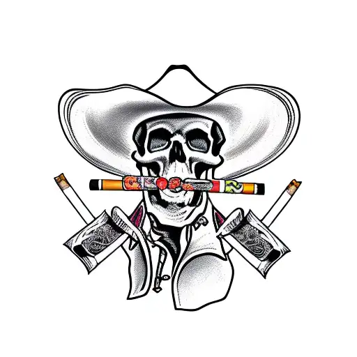 Skull Wearing A Cowboy Hat And Bandana Smoking A Cigarette
