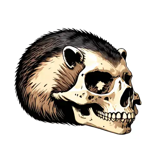Badger Curled Up On Human Skull Surrounding It