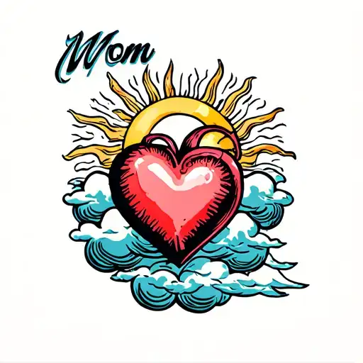 Mom Heart Tattoo With Clouds On The Bottom And A Sun On The Top Corner