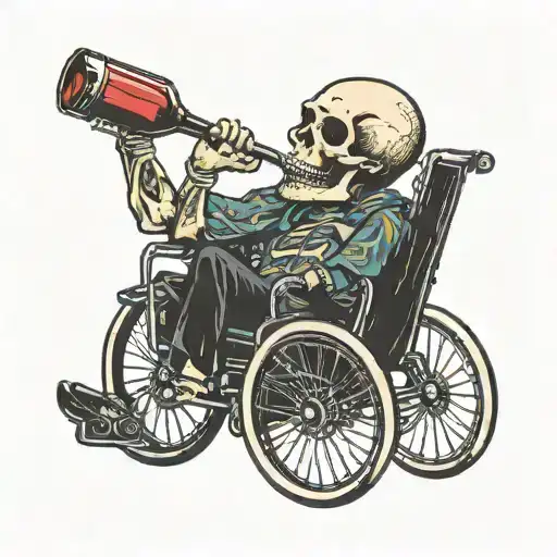 Skull In A Wheelchair Drinking Wine