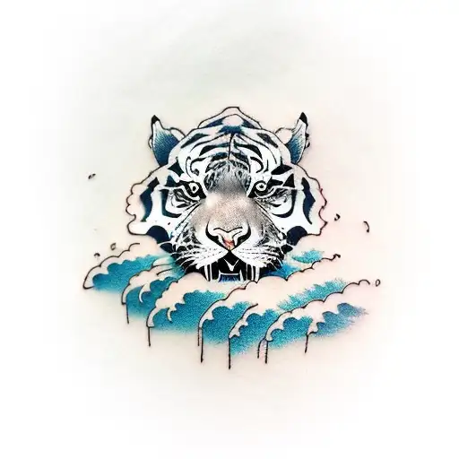 Angry Tiger With Wave And Cloud