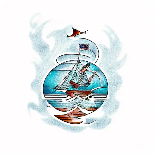 A Traditional Style Tattoo Of A Fishing Boat Sailing Through An Ocean Made Of Coffee