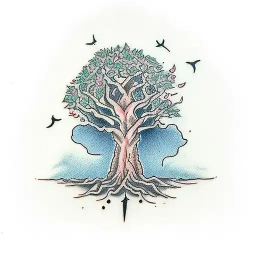 Tree With An Axe Wedged Into The Trunk Of The Tree