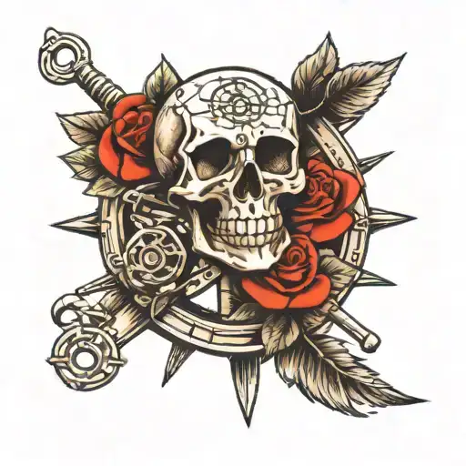 Little Skull Rose And Ship Wheel