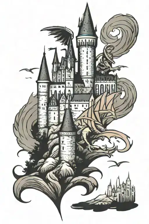 A Traditional Style Tattoo Of The Hogwarts Castle With A Dragon Flying Overhead