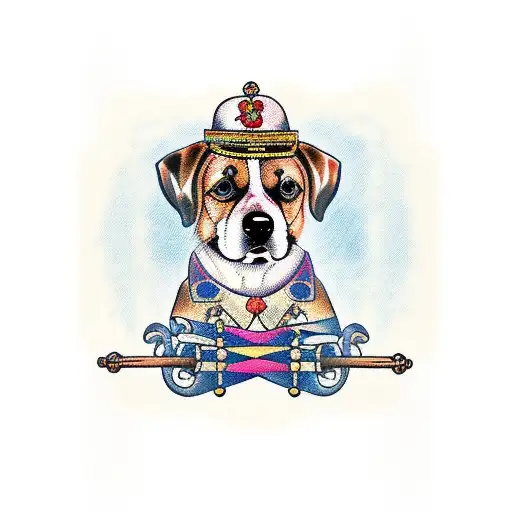 Traditional Tattoo Of A Dog With Musical Instruments Surrounding It