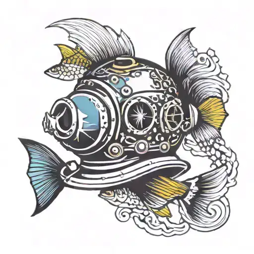 Old Dive Helmet Adorned With Fish
