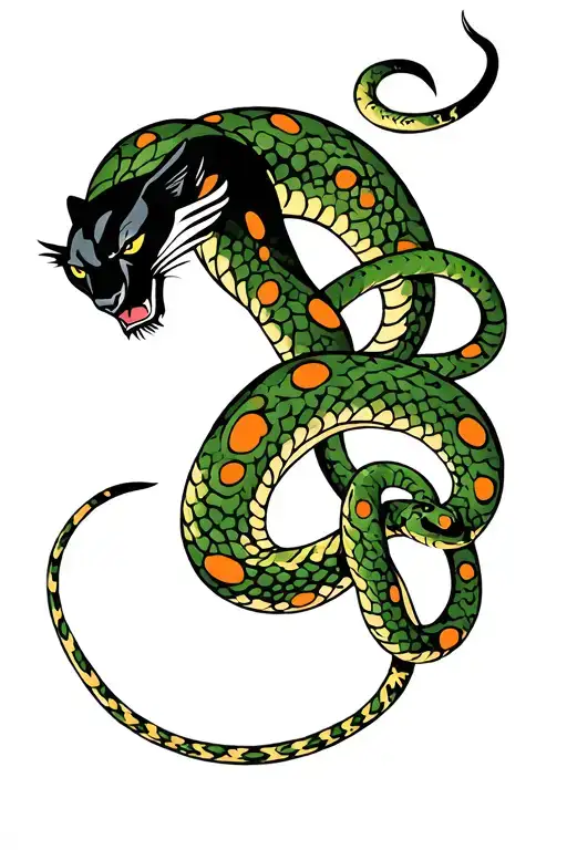 Black Panther Climbing Snake Wrapped Green With Orange Spots