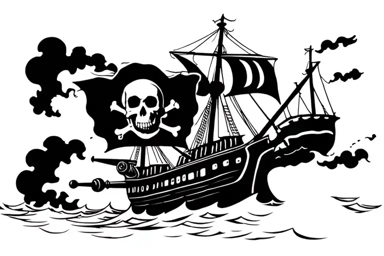 Pirate Ship In The Storm Firing Broadside Cannons With A Ghostly Skull And Cross Bones Above