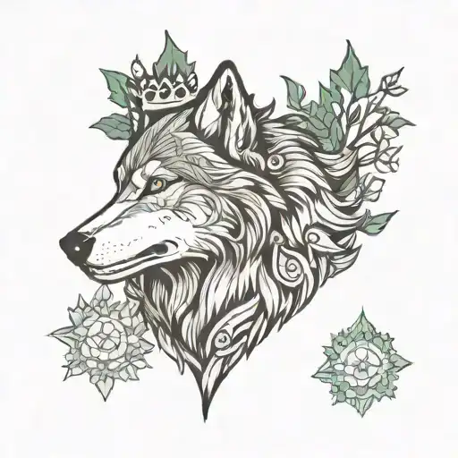 Wolf With Crown Adorned Leaves Underneath Northern Lights Above