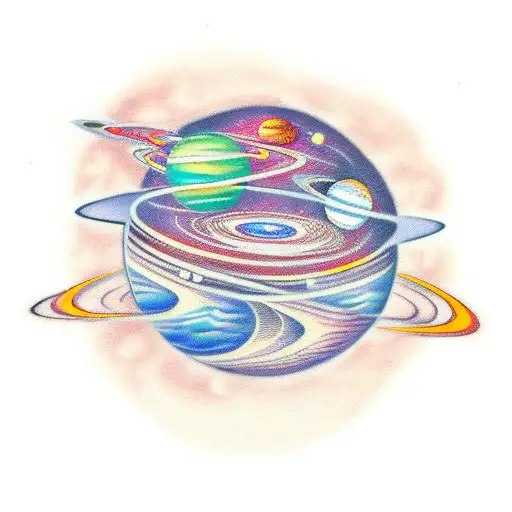 Traditional-style Tattoo Of The Solar System With Musical Notes Orbiting Each Planet