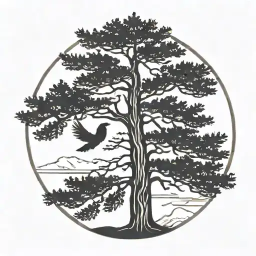 Cedar Tree Silhouette With A Bird Flying Around It