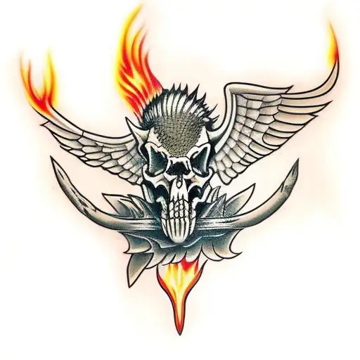 Hog Skeleton With Tusk Standing Up With Wings And Flames Surrounding