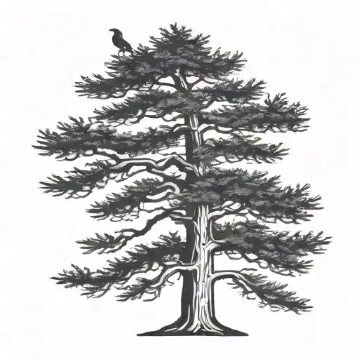 Cedar Tree Silhouette With A Large Bird Flying Around It