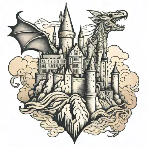 A Traditional Style Tattoo Of The Hogwarts Castle With A Dragon Flying Overhead