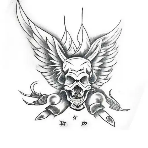 Hog Skeleton With Tusk Standing Up With Wings And Flames Surrounding
