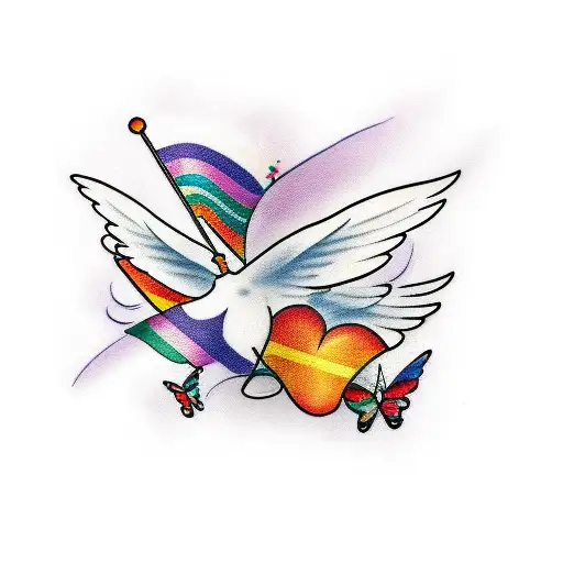 A Traditional-style Tattoo Of A Pride Flag With Little Butterflies Flying Around It