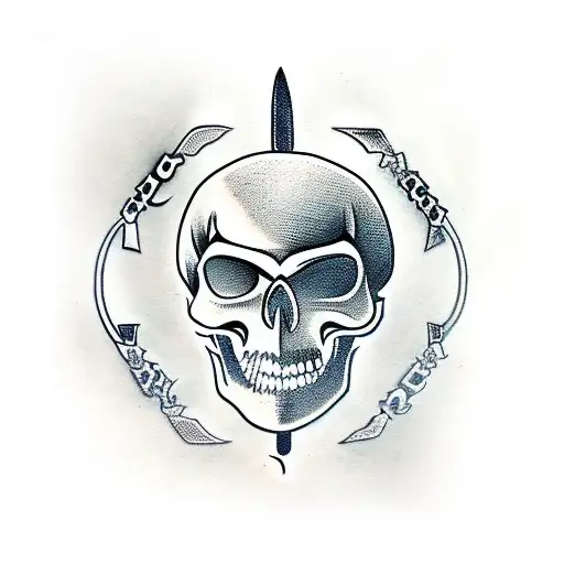 Katana Stabbed Through A Skull With Japanese Letters On The Blade