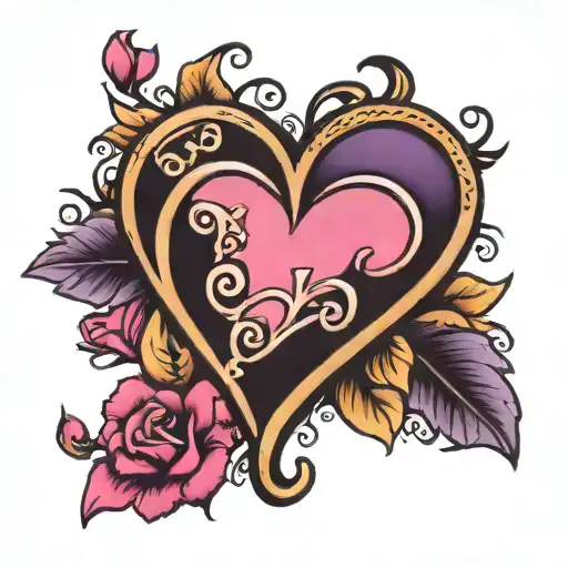 Pink And Purple And Black Heart Tattoo Design